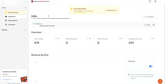 Komashi dashboard — service setup, pricing és billing egy helyen