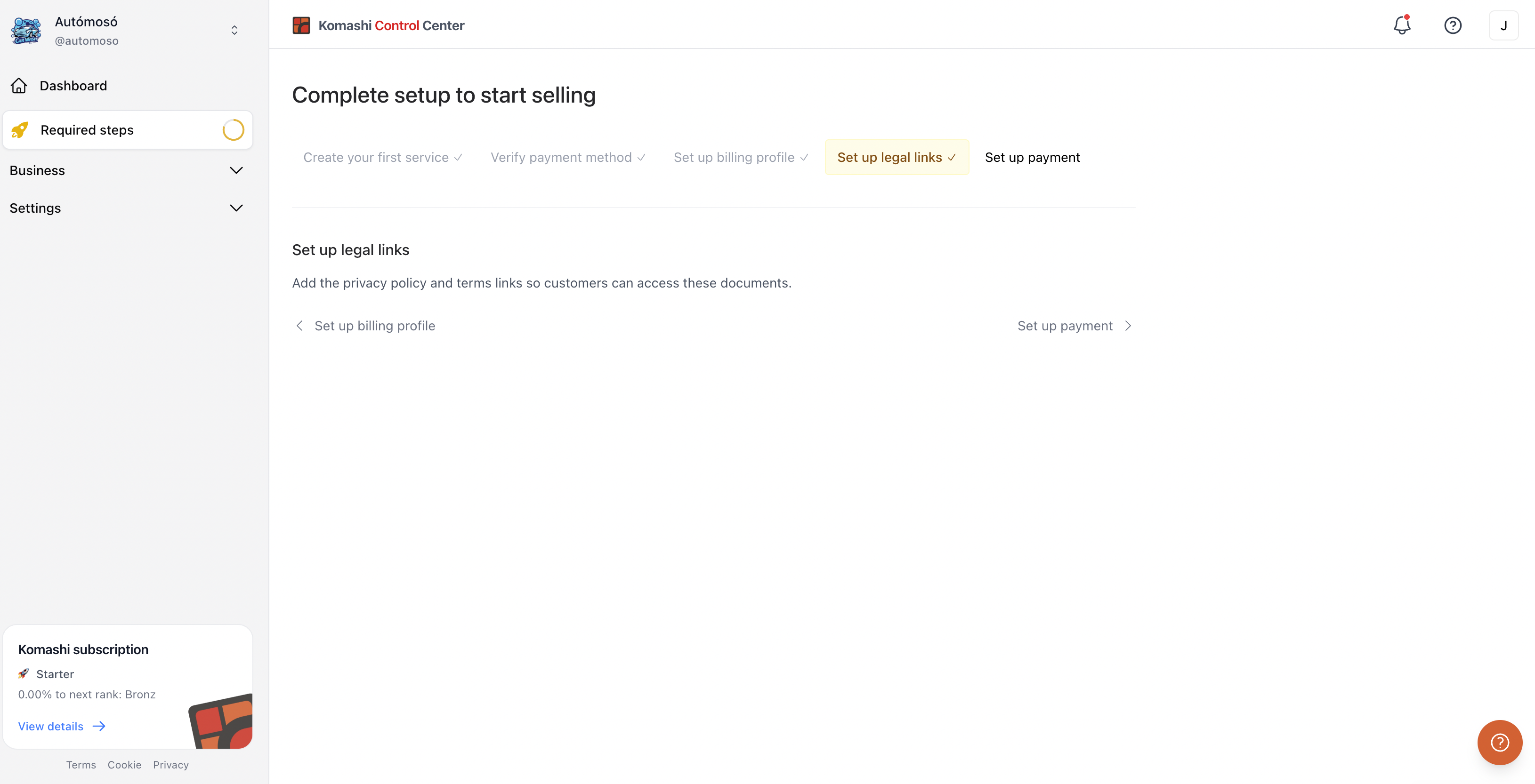 Set up legal links step