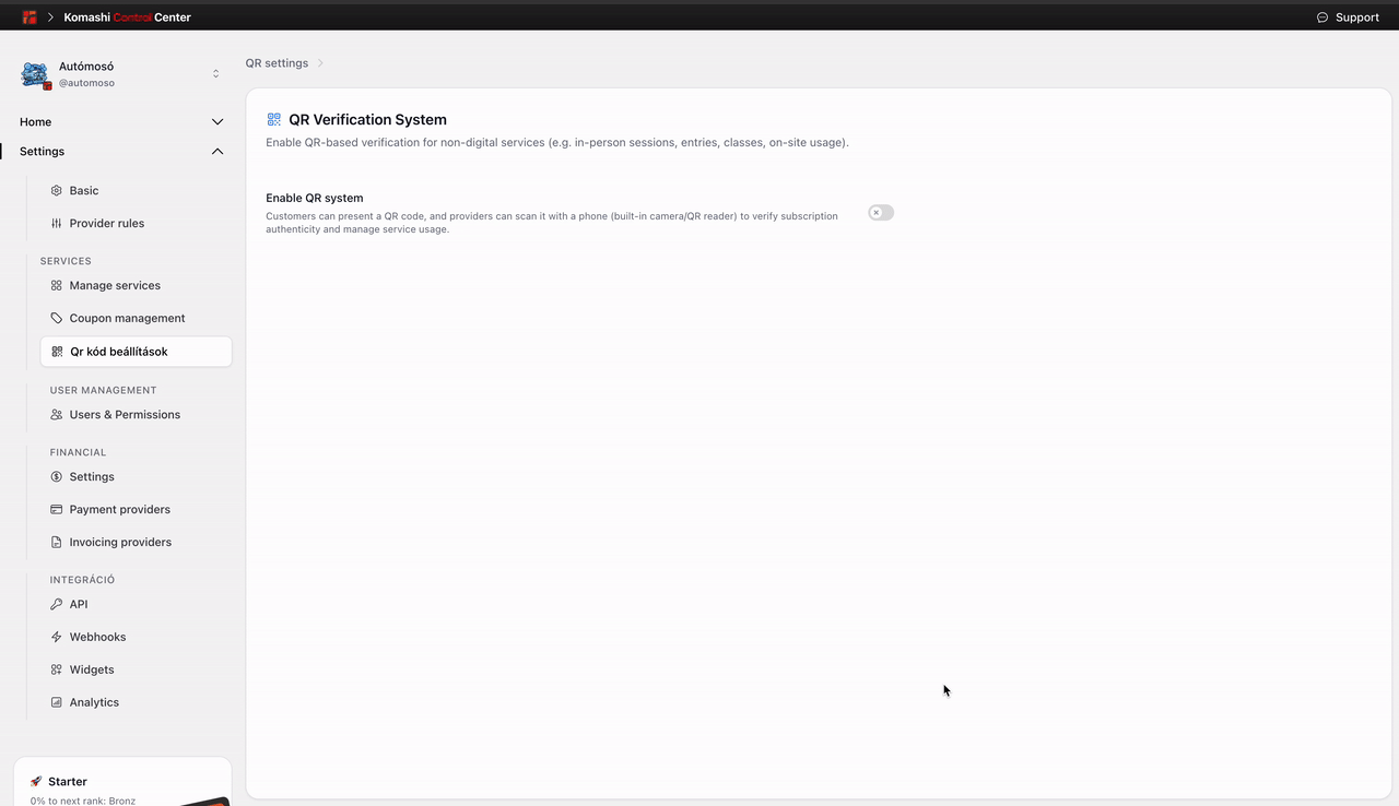 Turning on the QR code verification system