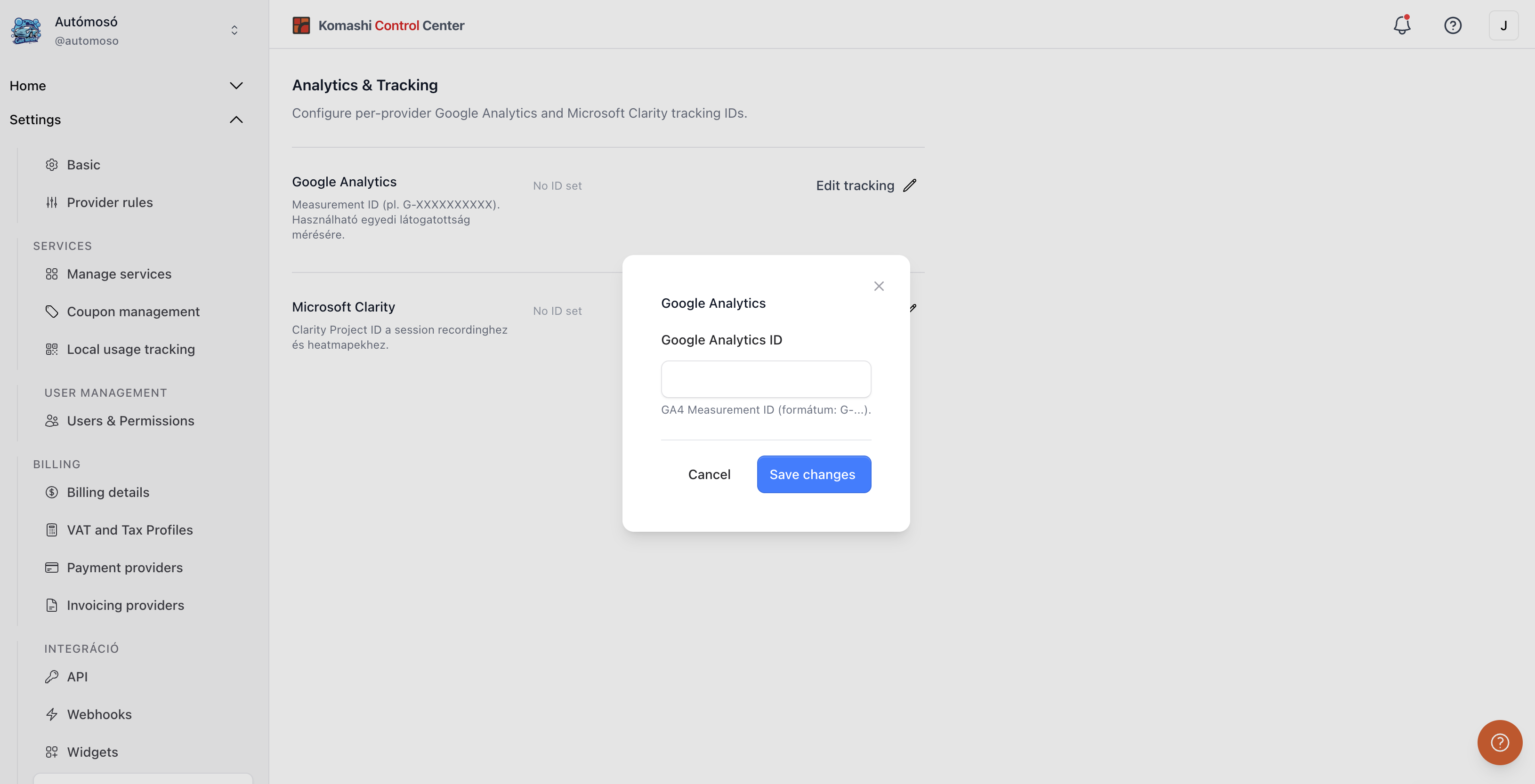 Google Analytics ID dialog