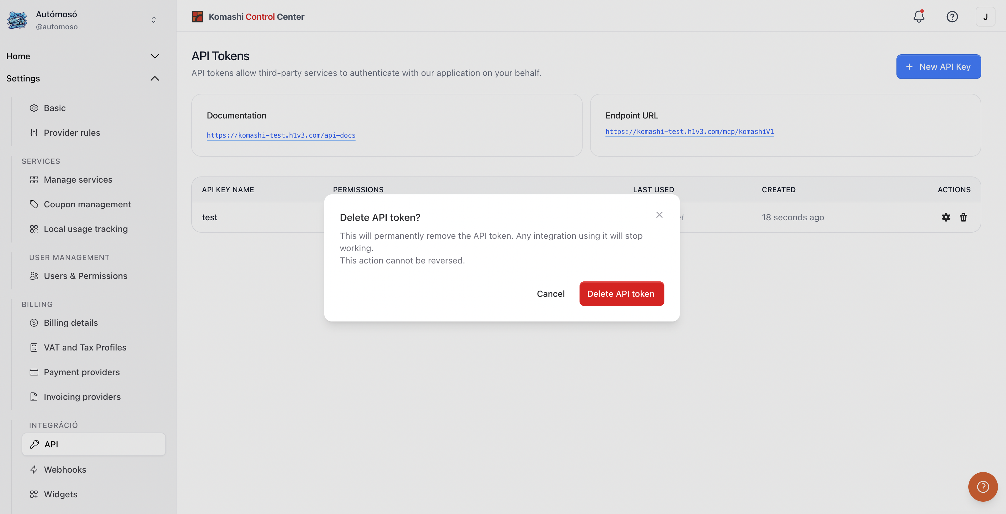 Delete API token dialog