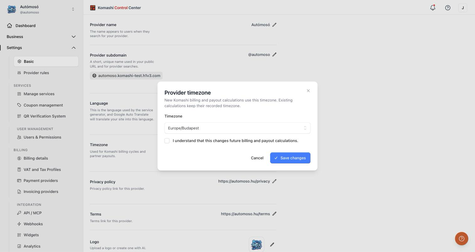 Provider timezone dialog