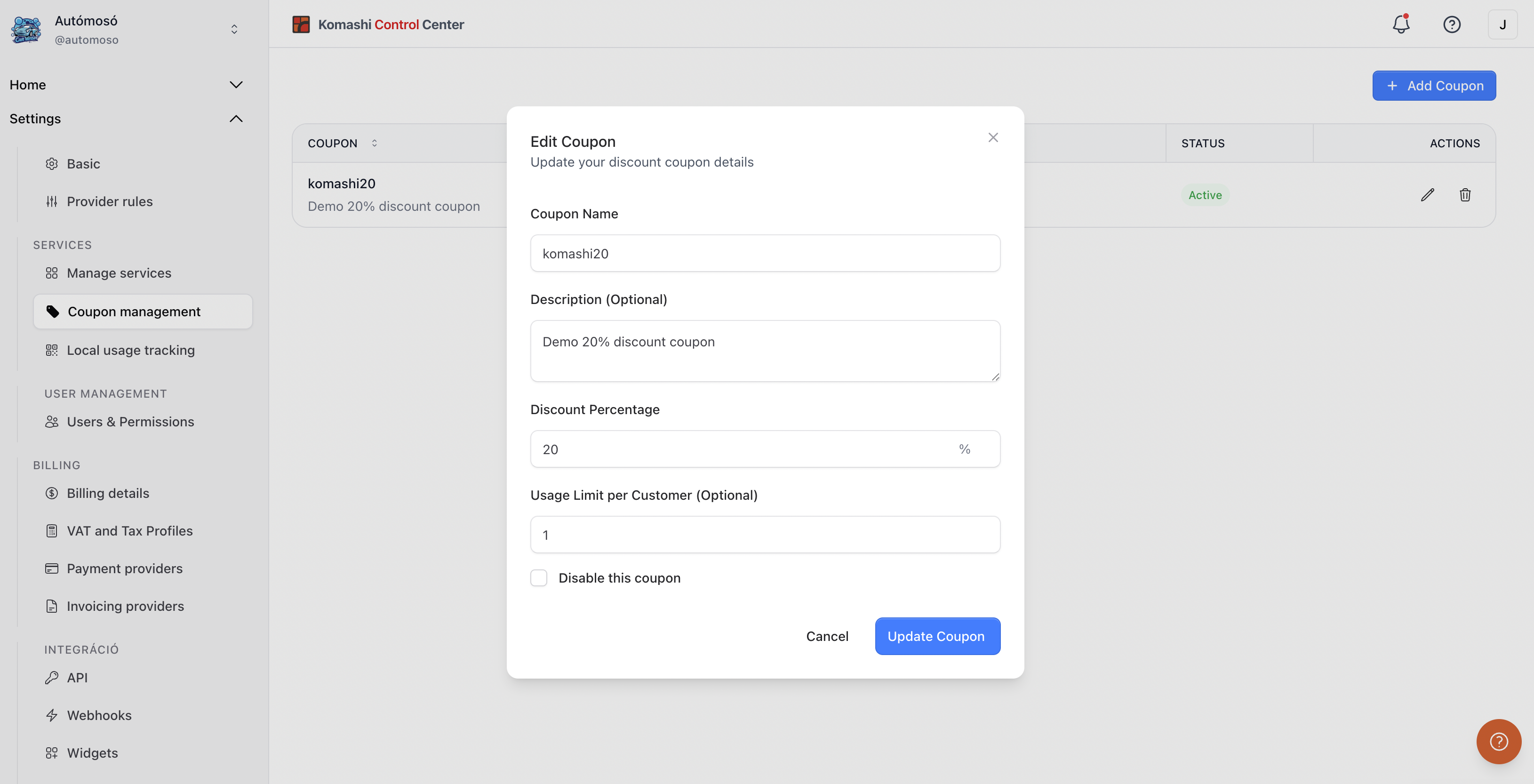 Edit Coupon dialog