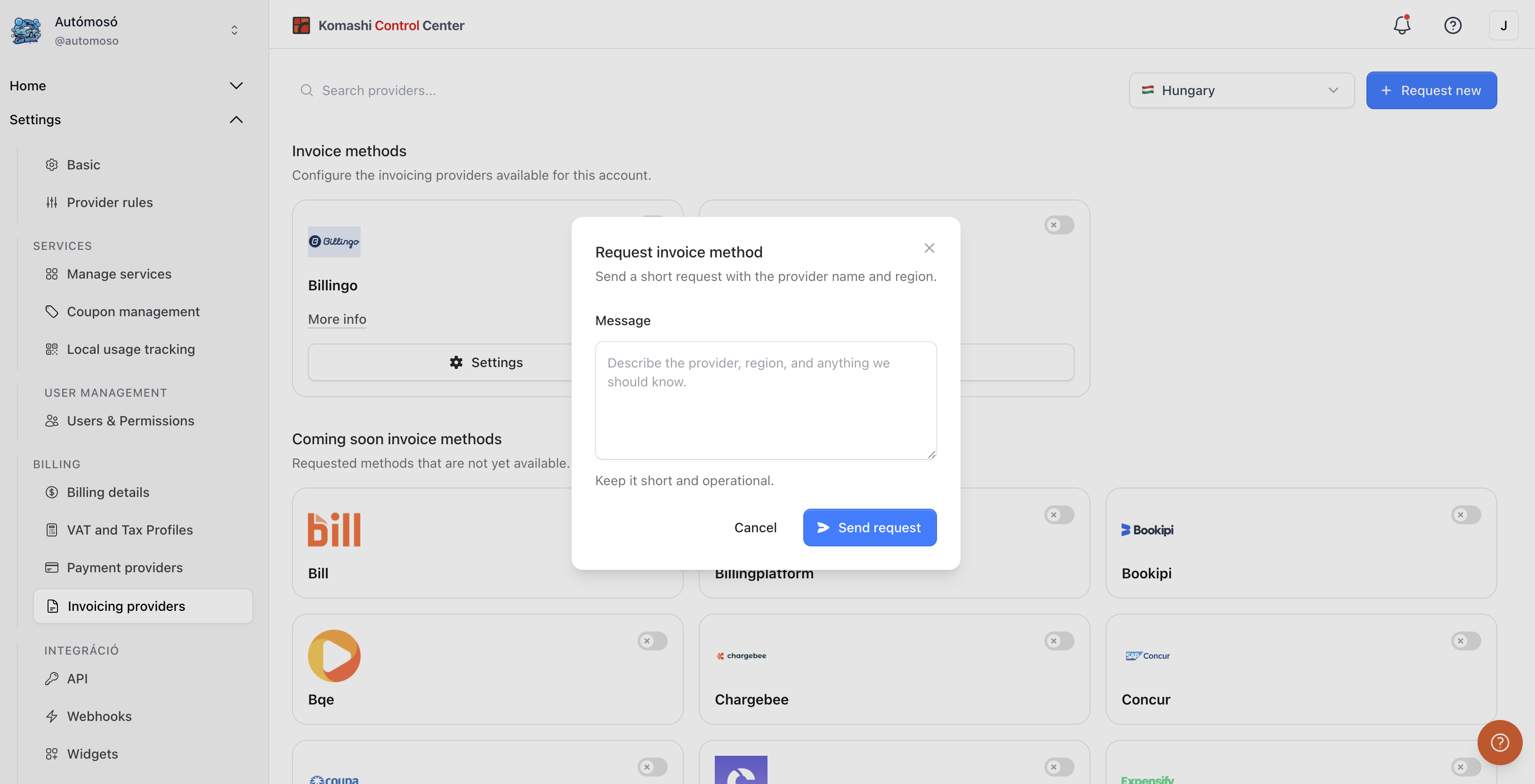 Request invoice method dialog