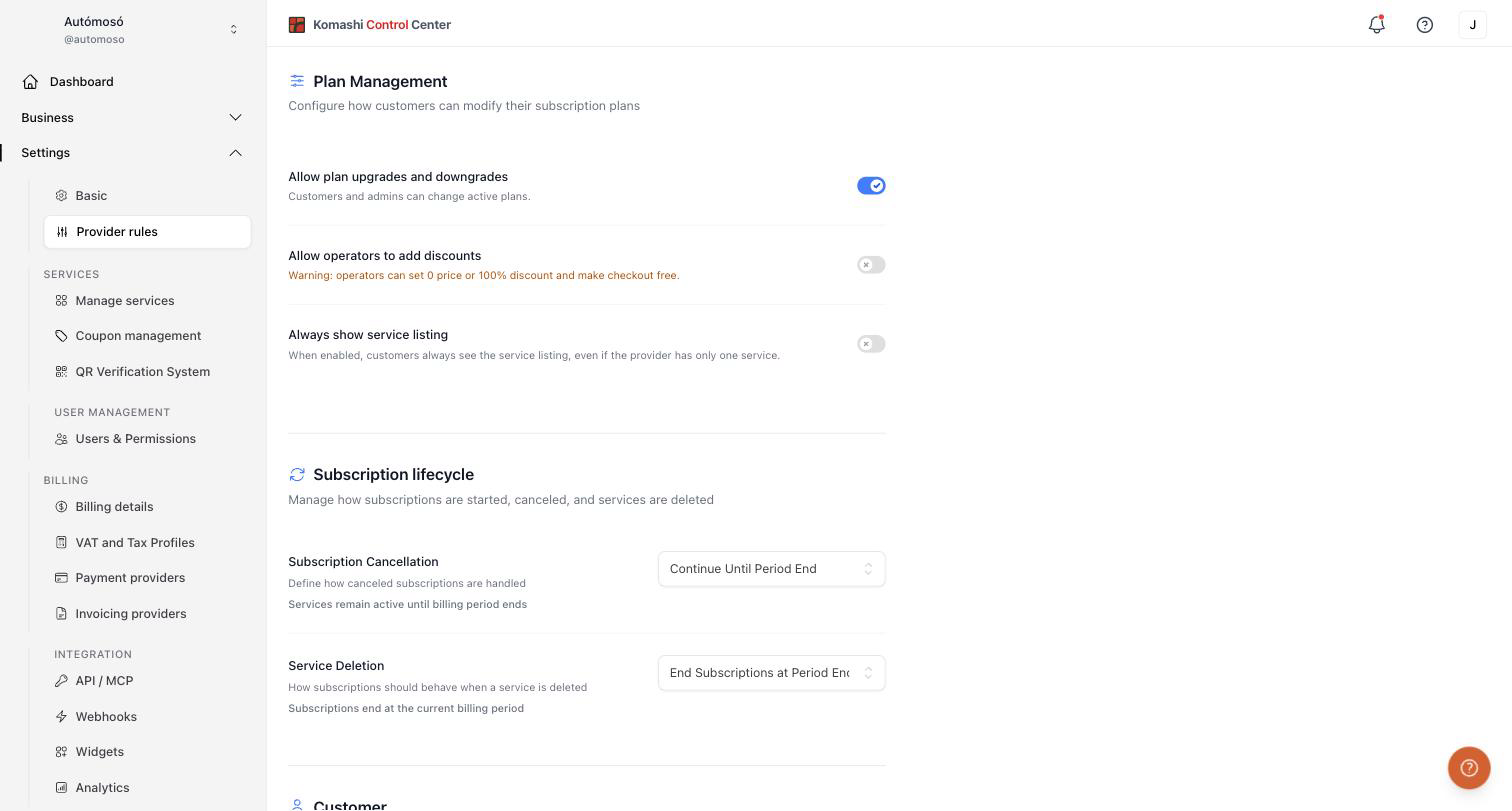 Plan Management settings