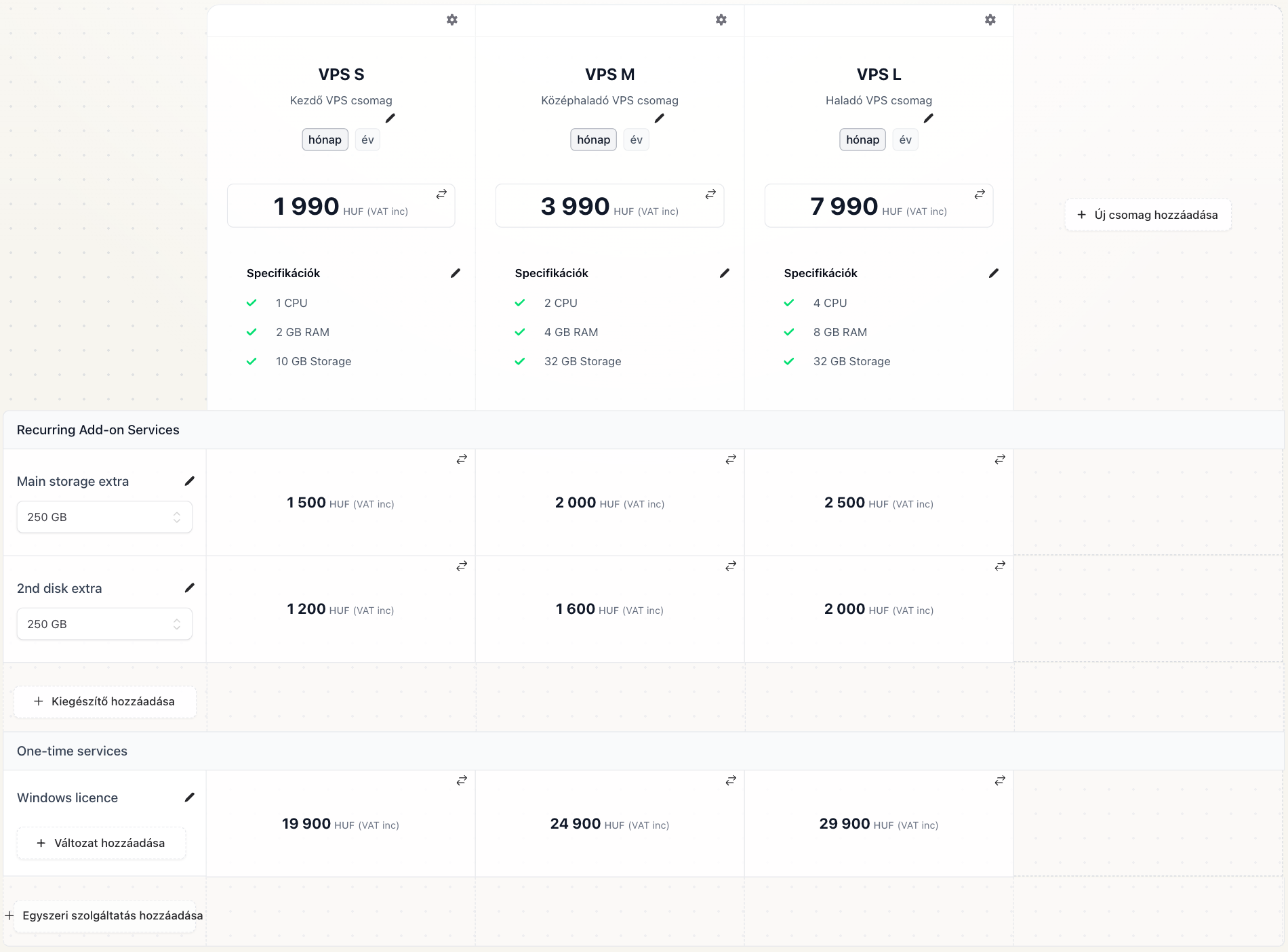 Komashi admin showing packages with monthly and yearly billing, recurring add-ons and one-time services